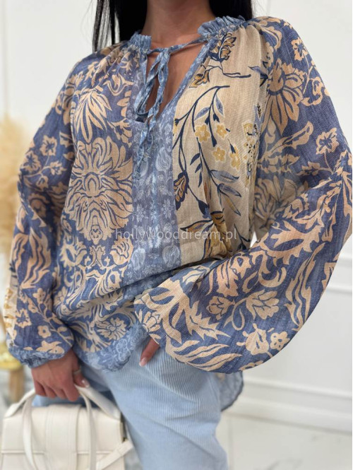 Błękitno-beżowa bluzka oversize z wiązaniem w print liści i kwiatów BLUMEN 52 - photo #3