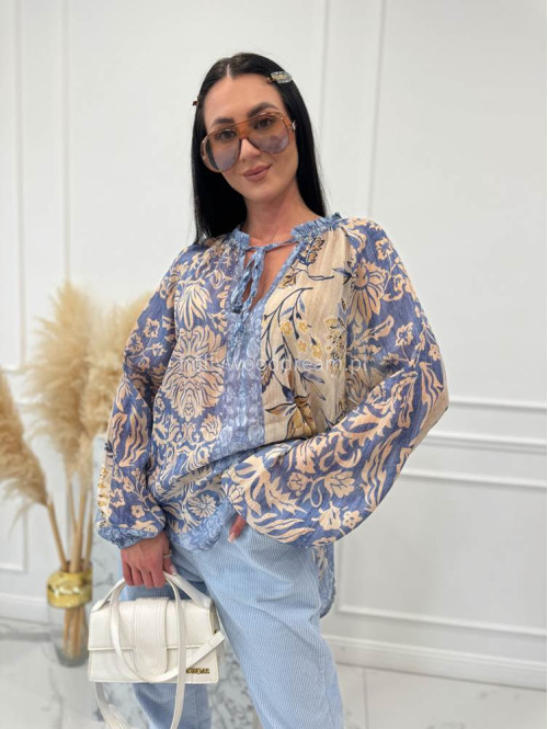 Błękitno-beżowa bluzka oversize z wiązaniem w print liści i kwiatów BLUMEN 52 - photo #4
