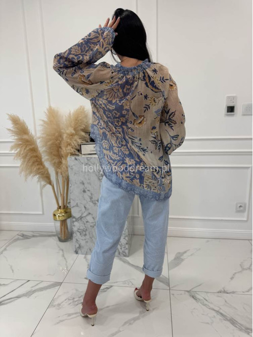 Błękitno-beżowa bluzka oversize z wiązaniem w print liści i kwiatów BLUMEN 52 - photo #5