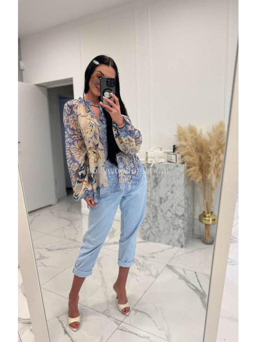 Błękitno-beżowa bluzka oversize z wiązaniem w print liści i kwiatów BLUMEN 52 - photo #7