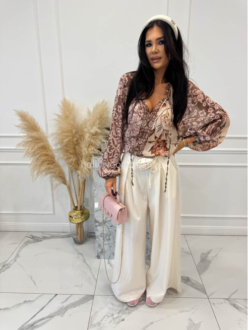 Brązowo-beżowa bluzka oversize z wiązaniem w print liści i kwiatów BLUMEN 52 - photo #2