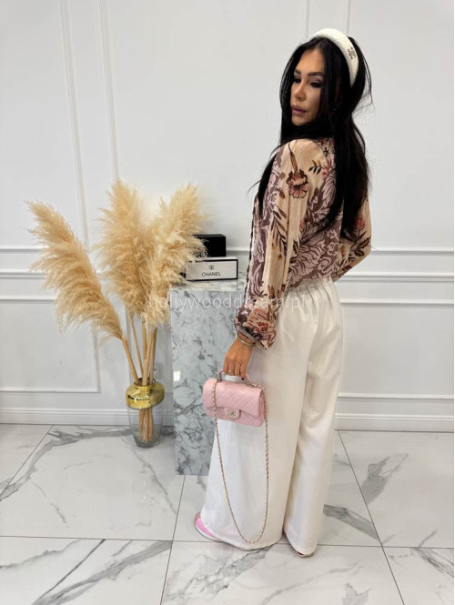 Brązowo-beżowa bluzka oversize z wiązaniem w print liści i kwiatów BLUMEN 52 - photo #3