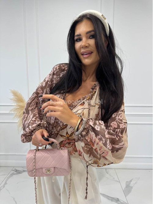 Brązowo-beżowa bluzka oversize z wiązaniem w print liści i kwiatów BLUMEN 52 - photo #5