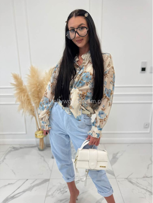 Beżowa koszula oversize w błękitne kwiaty Naomi 52 - photo #1