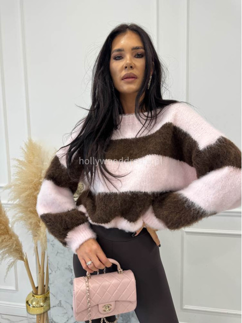Pudrowo różowy sweter w brązowe paski Strip 19 - photo #11