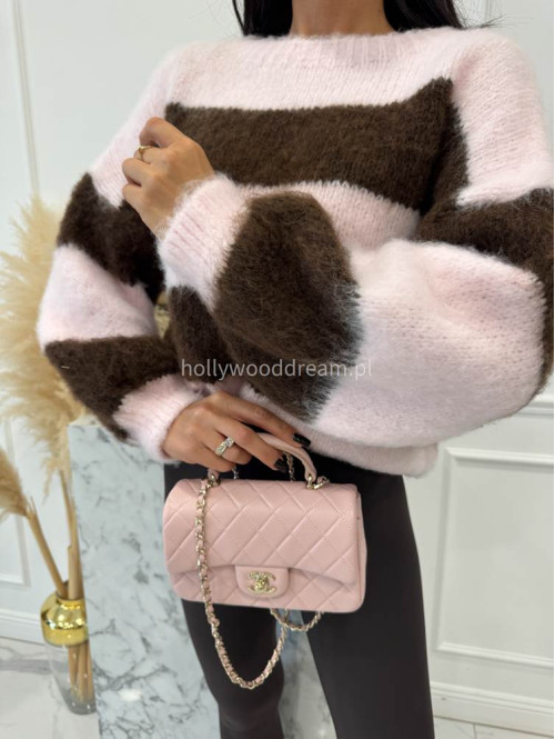 Pudrowo różowy sweter w brązowe paski Strip 19 - photo #12