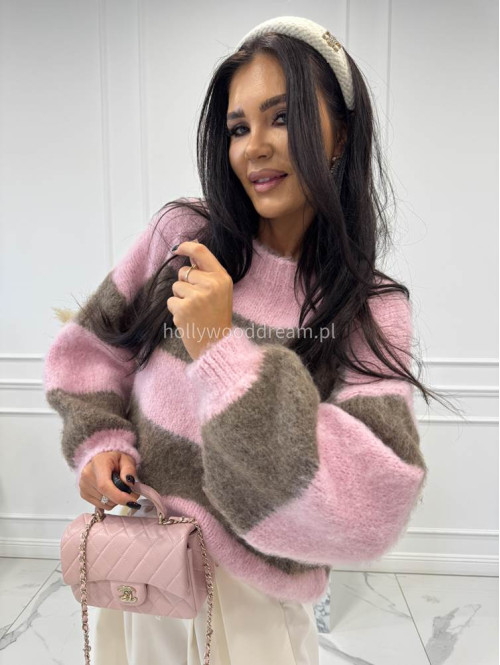 Różowy sweter w mokka paski STRIP 19 - photo #5