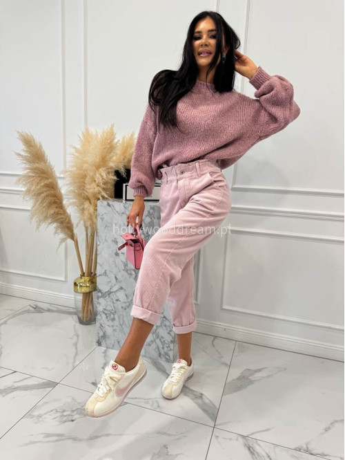 Brudny róż spodnie sztruksowe z gumką w pasie AMADEO 52 - photo #16