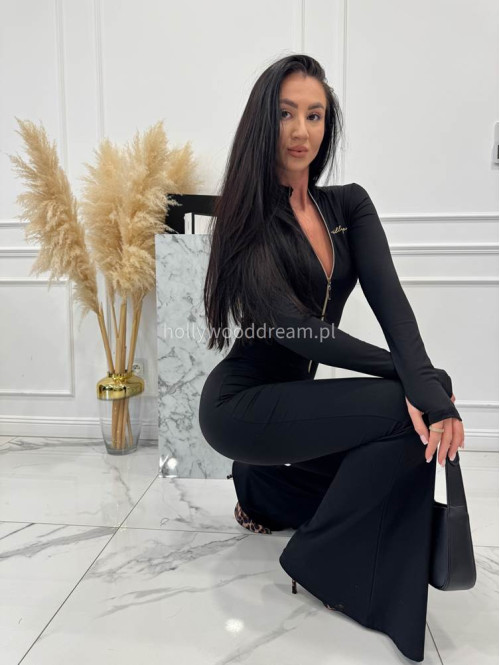 Czarny kombinezon zapinany na zamek z nogawką typu dzwon MIDNIGHT 163 - photo #5