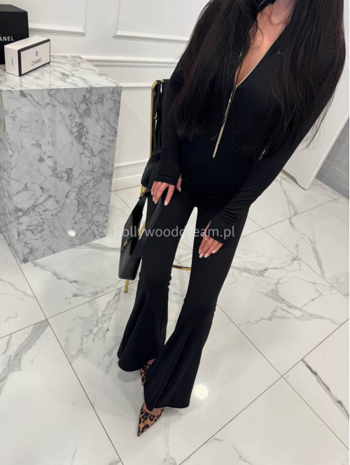 Czarny kombinezon zapinany na zamek z nogawką typu dzwon MIDNIGHT 163 - photo #8