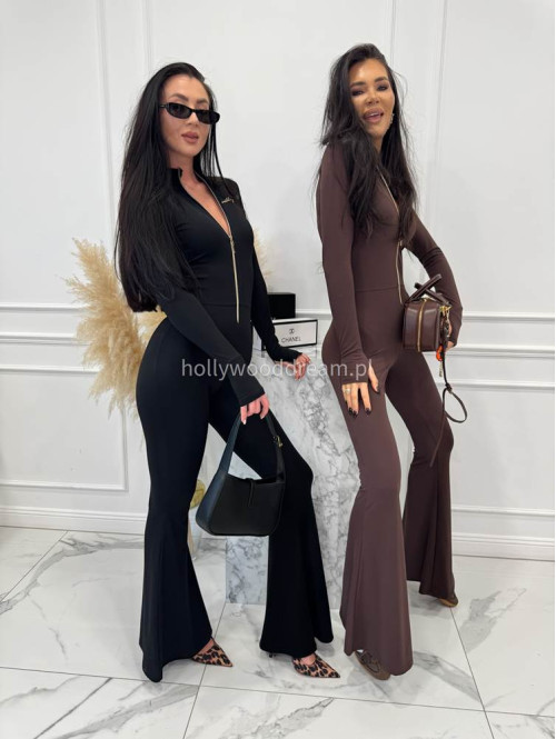 Czarny kombinezon zapinany na zamek z nogawką typu dzwon MIDNIGHT 163 - photo #10