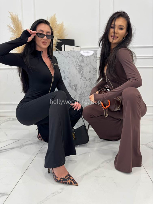 Czarny kombinezon zapinany na zamek z nogawką typu dzwon MIDNIGHT 163 - photo #16