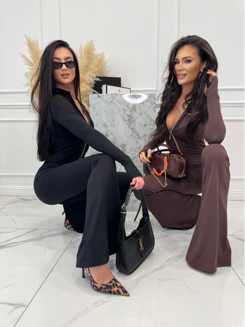 Brązowy kombinezon zapinany na zamek z nogawką typu dzwon MIDNIGHT 163