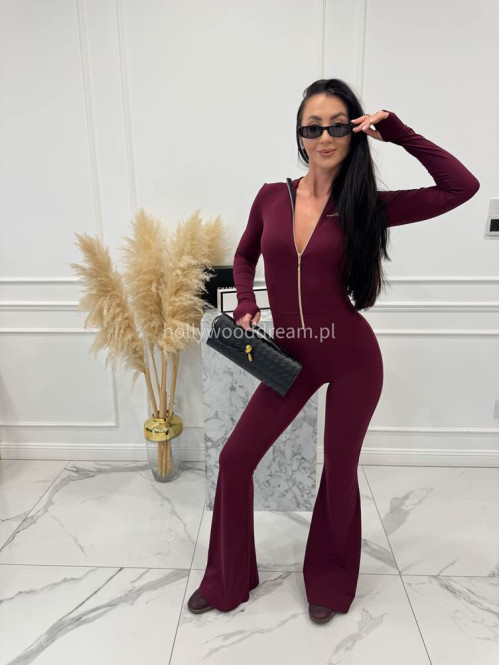 Bordowy kombinezon zapinany na zamek z nogawką typu dzwon MIDNIGHT 163 - photo #1
