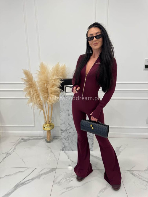 Bordowy kombinezon zapinany na zamek z nogawką typu dzwon MIDNIGHT 163 - photo #2