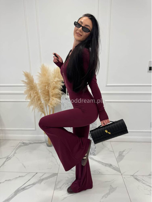 Bordowy kombinezon zapinany na zamek z nogawką typu dzwon MIDNIGHT 163 - photo #3