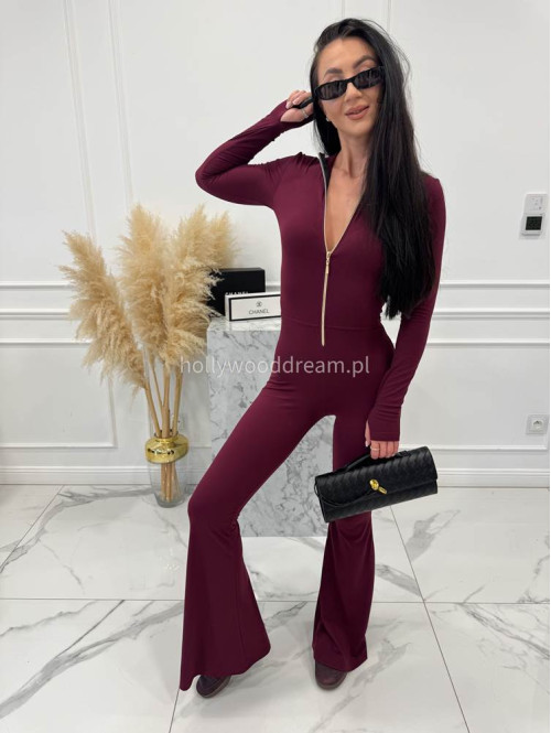 Bordowy kombinezon zapinany na zamek z nogawką typu dzwon MIDNIGHT 163 - photo #4