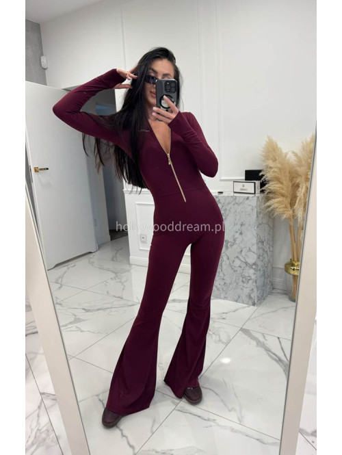 Bordowy kombinezon zapinany na zamek z nogawką typu dzwon MIDNIGHT 163 - photo #5