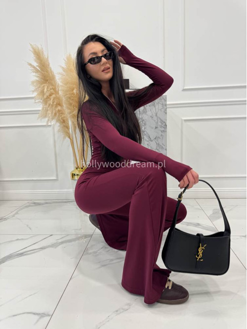 Bordowy kombinezon zapinany na zamek z nogawką typu dzwon MIDNIGHT 163 - photo #7