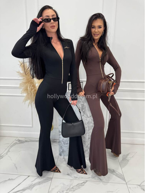 Brązowy kombinezon zapinany na zamek z nogawką typu dzwon MIDNIGHT 163 - photo #4