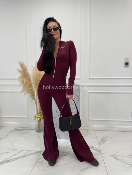 Bordowy kombinezon zapinany na zamek z nogawką typu dzwon MIDNIGHT 163 - photo #10