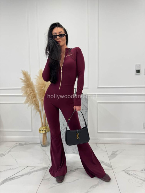 Bordowy kombinezon zapinany na zamek z nogawką typu dzwon MIDNIGHT 163 - photo #11