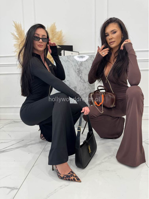 Brązowy kombinezon zapinany na zamek z nogawką typu dzwon MIDNIGHT 163 - photo #7