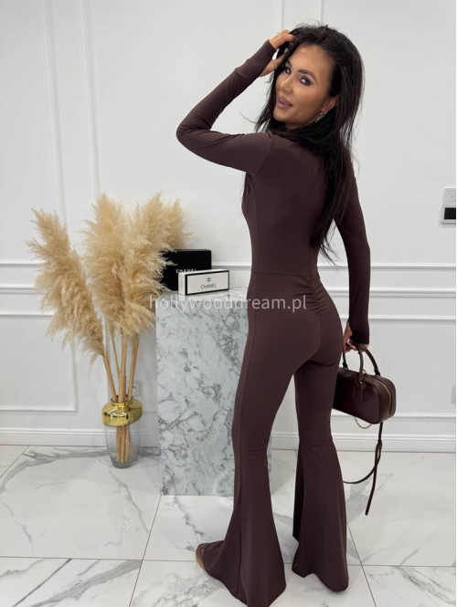 Brązowy kombinezon zapinany na zamek z nogawką typu dzwon MIDNIGHT 163 - photo #13