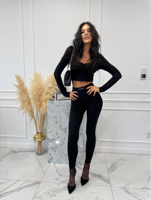 Czarny komplet bluzka z marszczeniem+ legginsy BASIC SLIM 163