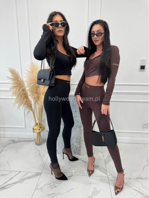 Brązowy komplet bluzka z marszczeniem+ legginsy BASIC SLIM 163 - photo #5