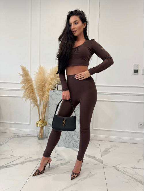 Brązowy komplet bluzka z marszczeniem+ legginsy BASIC SLIM 163 - photo #6