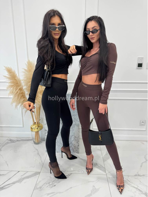 Brązowy komplet bluzka z marszczeniem+ legginsy BASIC SLIM 163 - photo #7