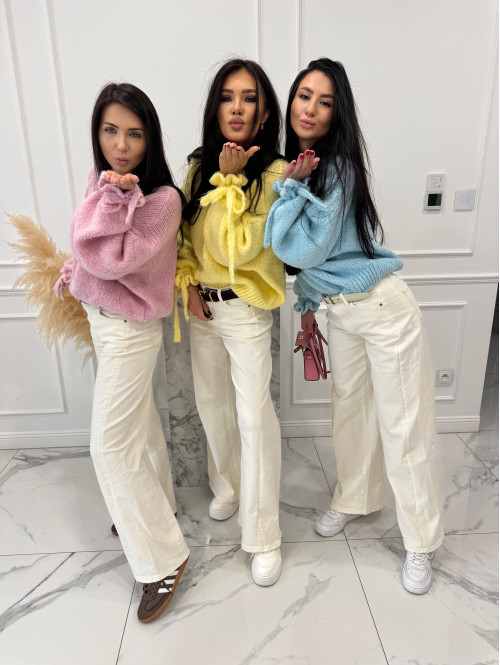 Kremowe spodnie jeansowe bawełniane z szeroką nogawką RAFIL 52 - photo #1