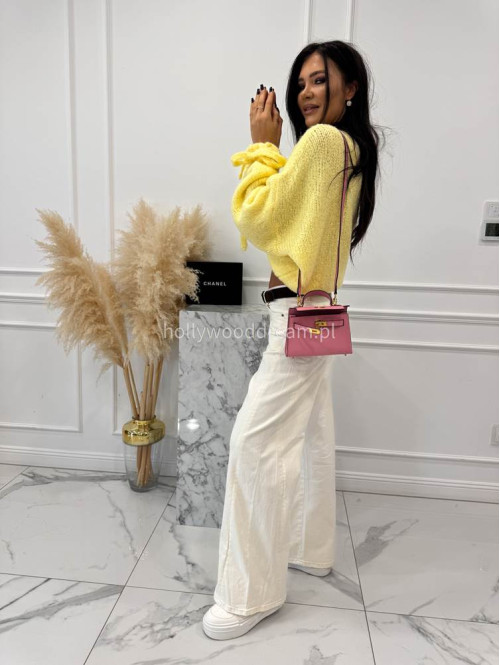 Kremowe spodnie jeansowe bawełniane z szeroką nogawką RAFIL 52 - photo #12