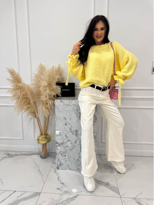 Kremowe spodnie jeansowe bawełniane z szeroką nogawką RAFIL 52 - photo #13