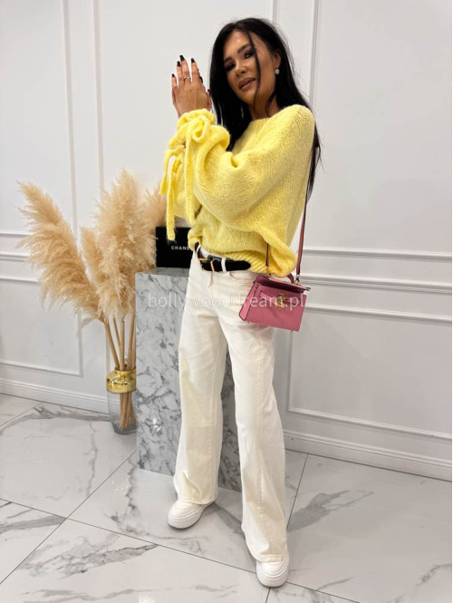 Kremowe spodnie jeansowe bawełniane z szeroką nogawką RAFIL 52 - photo #14