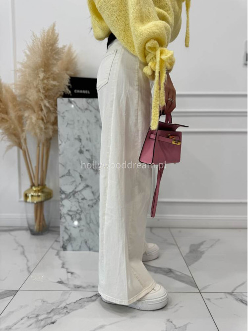 Kremowe spodnie jeansowe bawełniane z szeroką nogawką RAFIL 52 - photo #10