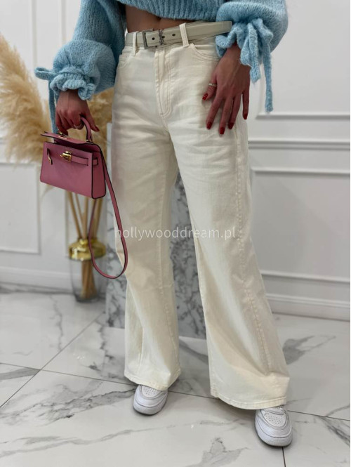 Kremowe spodnie jeansowe bawełniane z szeroką nogawką RAFIL 52 - photo #18