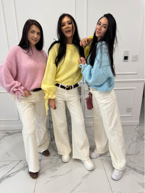 Kremowe spodnie jeansowe bawełniane z szeroką nogawką RAFIL 52 - photo #21