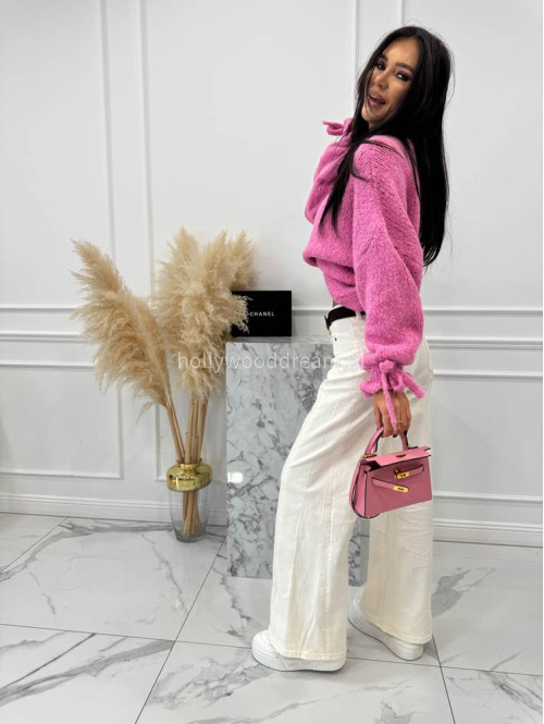 Kremowe spodnie jeansowe bawełniane z szeroką nogawką RAFIL 52 - photo #24