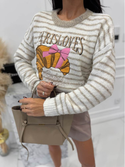 Beżowy sweter w paski z aplikacją Paris Lovers 02 - photo #5