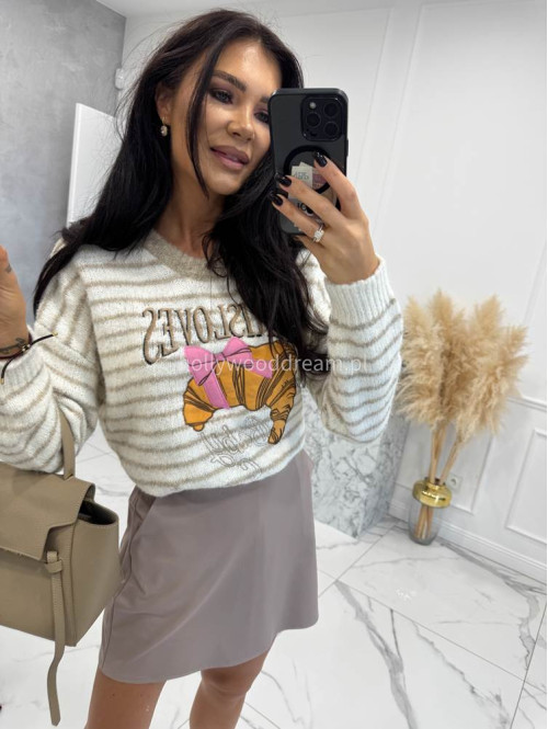 Beżowy sweter w paski z aplikacją Paris Lovers 02 - photo #6