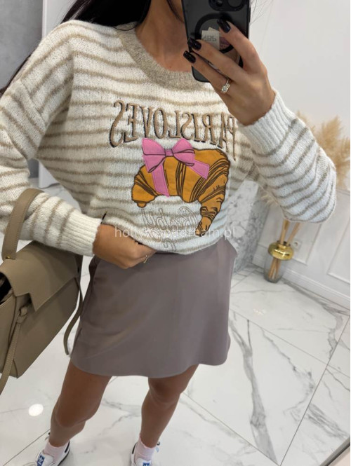 Beżowy sweter w paski z aplikacją Paris Lovers 02 - photo #7