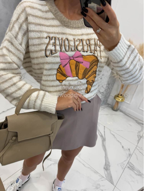 Beżowy sweter w paski z aplikacją Paris Lovers 02 - photo #8