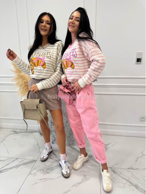 Beżowy sweter w paski z aplikacją Paris Lovers 02 - photo #11