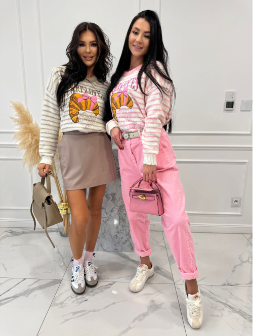 Beżowy sweter w paski z aplikacją Paris Lovers 02