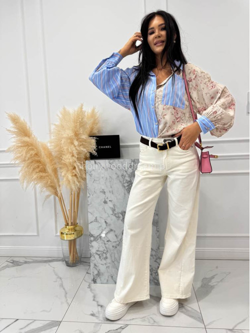 Błękitno - beżowa koszula zdobiona paskami i kwiatami Bluebell 52 - photo #8