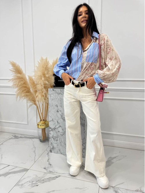 Błękitno - beżowa koszula zdobiona paskami i kwiatami Bluebell 52 - photo #7