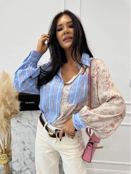 Błękitno - beżowa koszula zdobiona paskami i kwiatami Bluebell 52 - photo #11