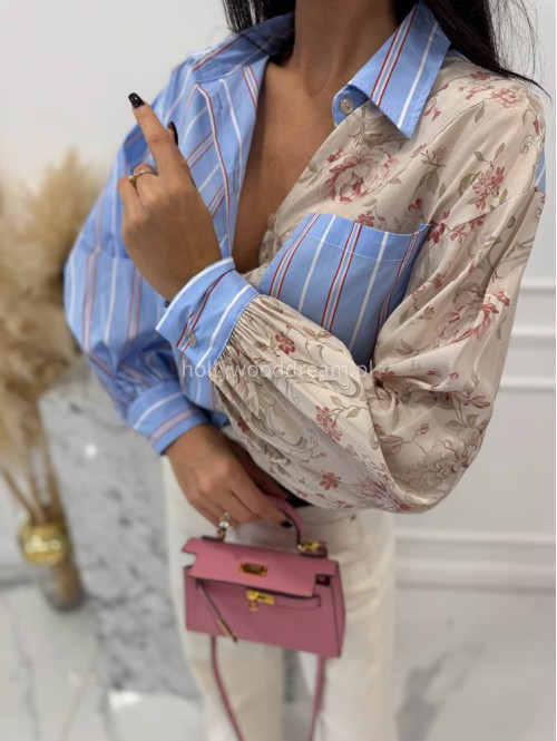 Błękitno - beżowa koszula zdobiona paskami i kwiatami Bluebell 52 - photo #2